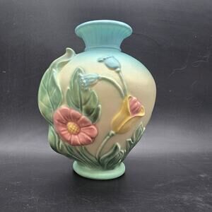 Hull Art Pottery Blue Bow Knot Round Vase Vintage Ceramic Flower Floral